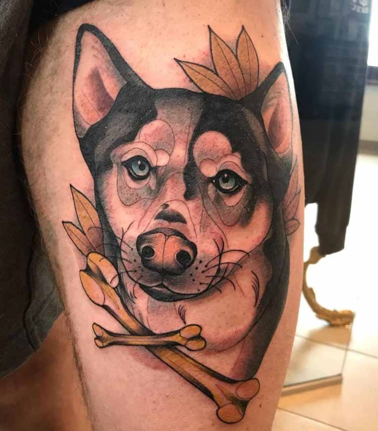 Husky tattoo on the hip for men