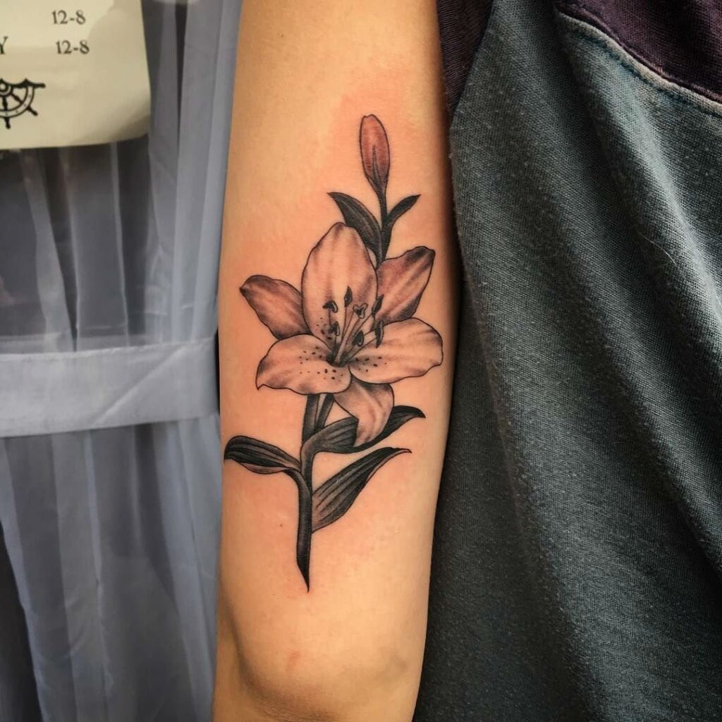 Large lily tattoo on the shoulder for women