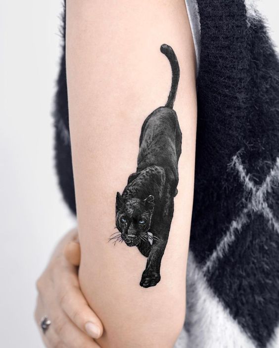 Tattoo of a panther on the shoulder for women