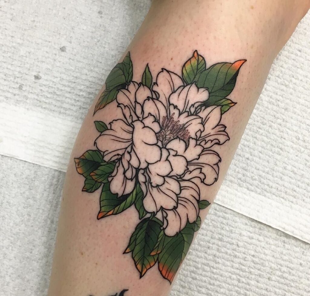 Colored peony tattoo on the leg for men