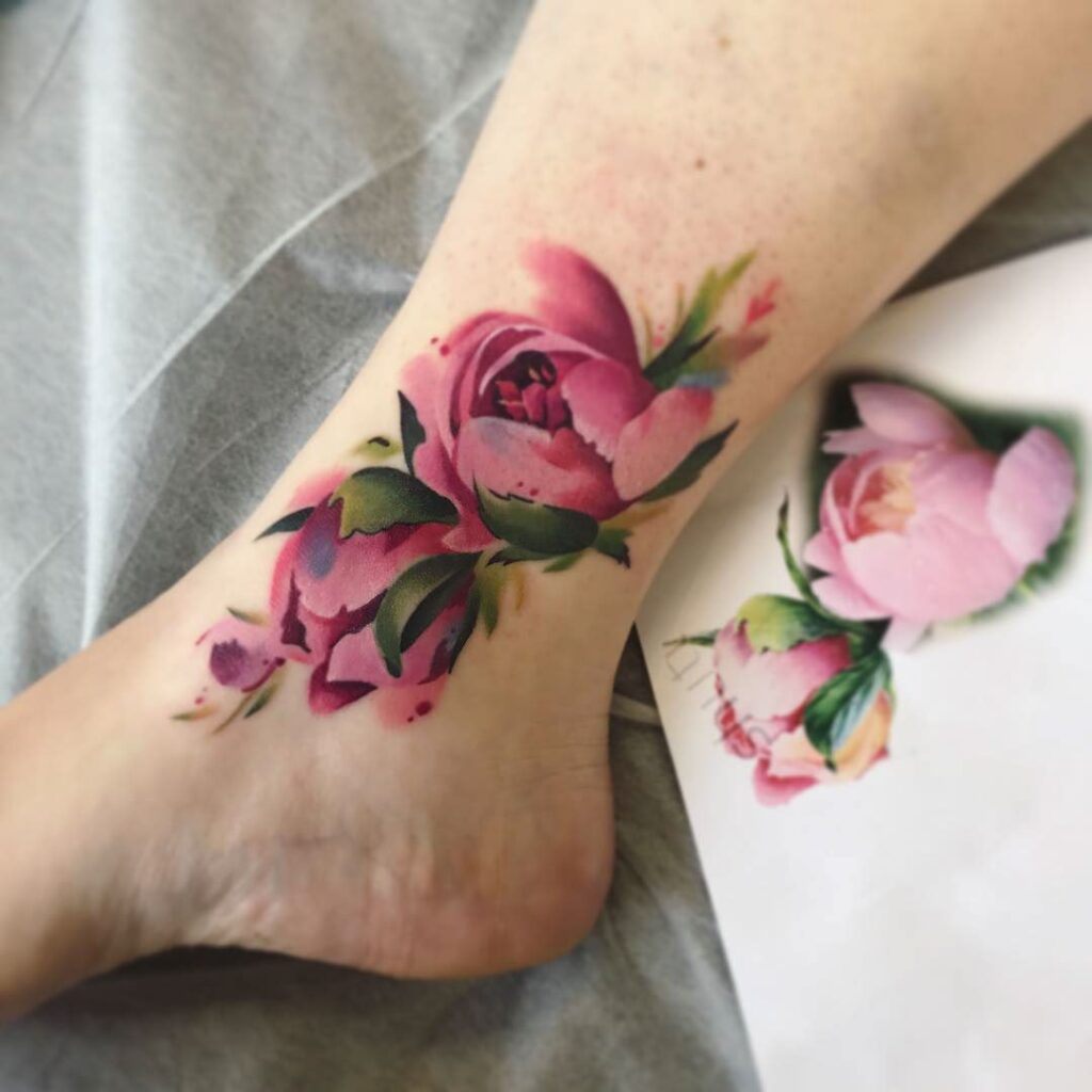 Colored shin tattoo for women