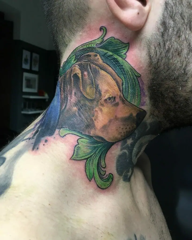 A colored pit bull tattoo on the neck for men