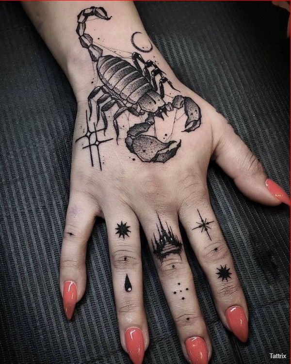 Scorpion tattoo on the hand for women