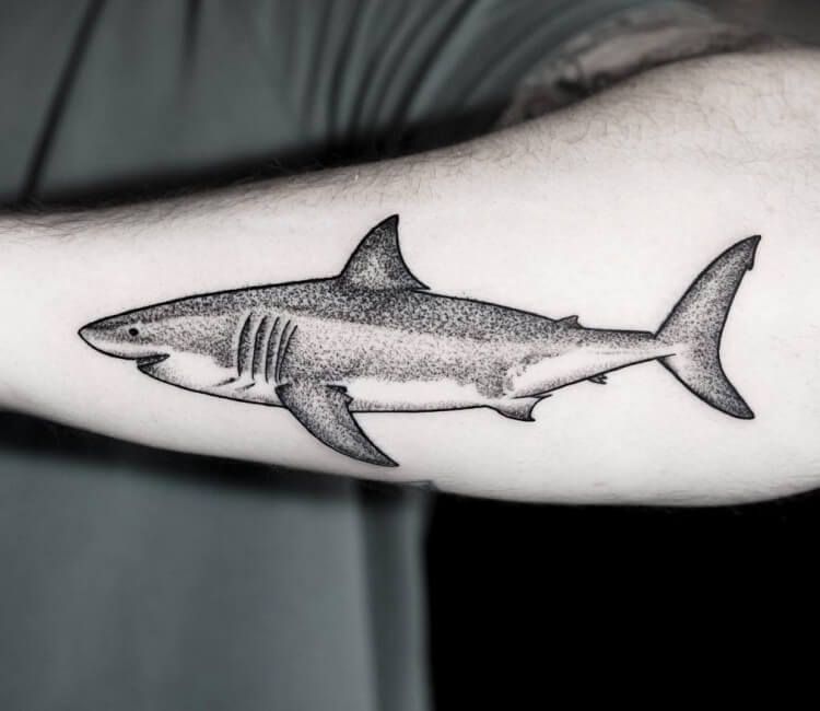 Large shark tattoo on the forearm for men