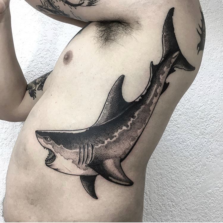 Large shark tattoo on the side for men