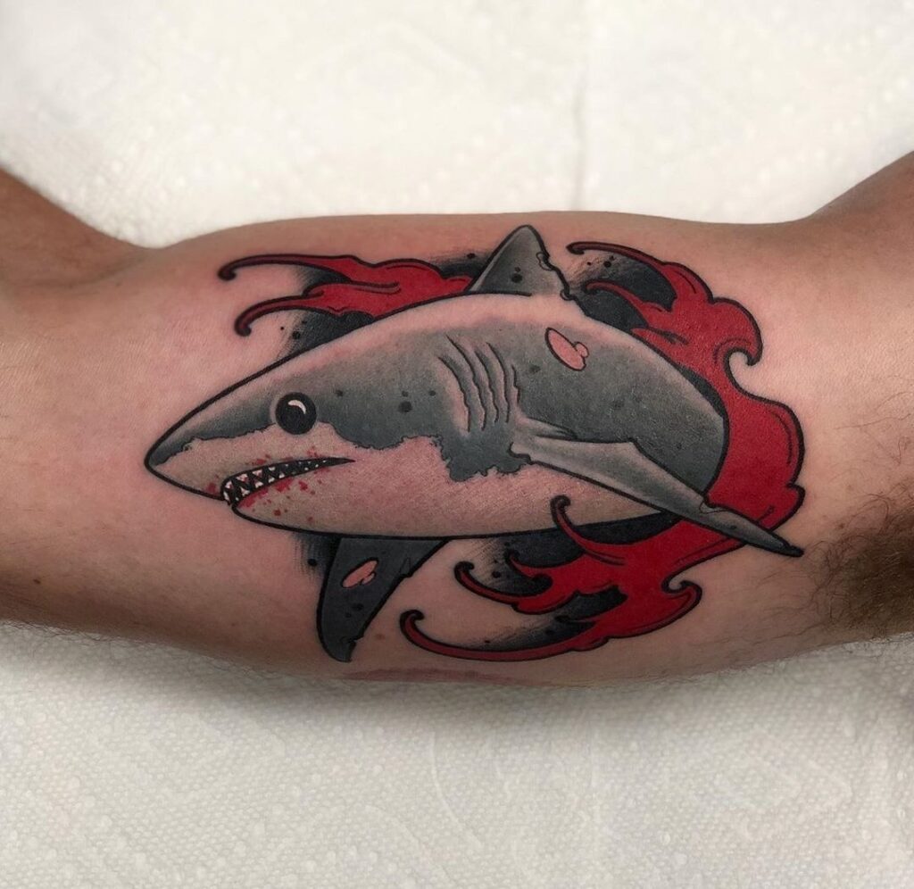 Large shark tattoo on the shoulder for men