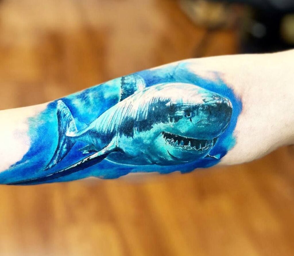 Colored shark tattoo on the arm for men