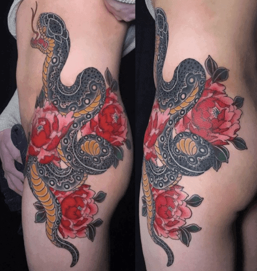 Tattoo of a colored snake on the side for women