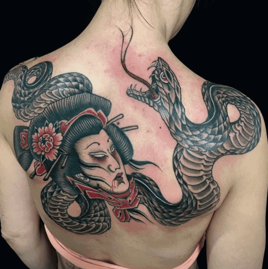 Snake tattoo on the back for men