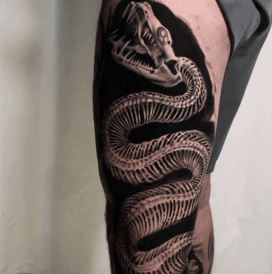 Snake skeleton tattoo on the hip for men