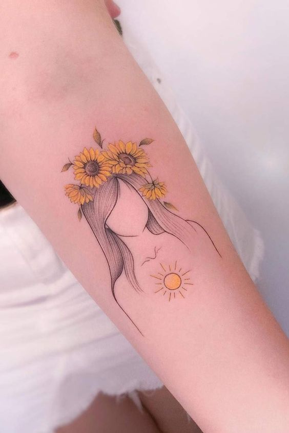 Sunflower tattoo with a girl on the forearm for women