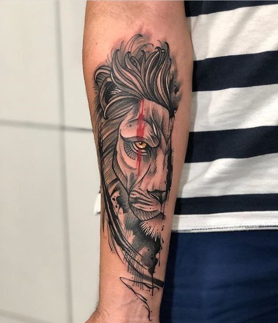 Tattoo of a lion on the forearm for men