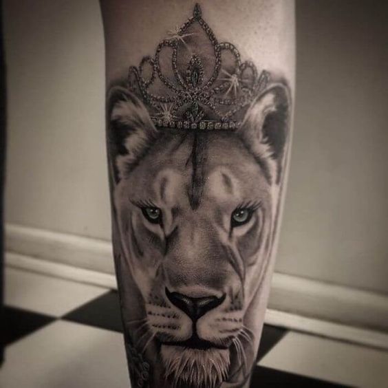 Tattoo of a lion on the calf for men