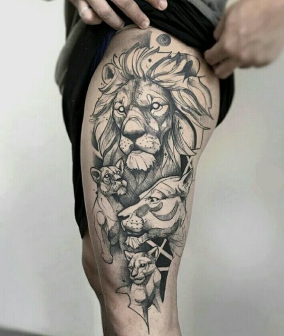 Tattoo of four lions on the thigh for men