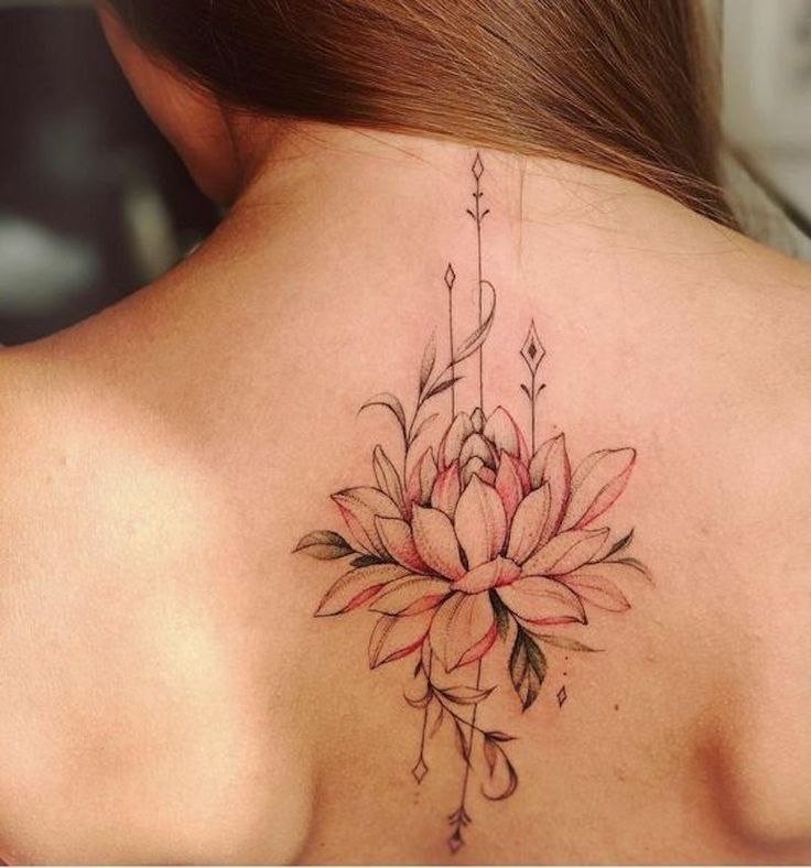 Colored lotus tattoo on the back for women