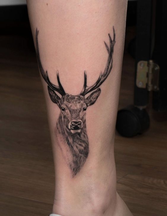 Tattoo of a deer on the shin for men