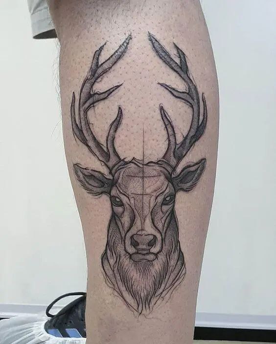 Tattoo of a deer on the shin for men