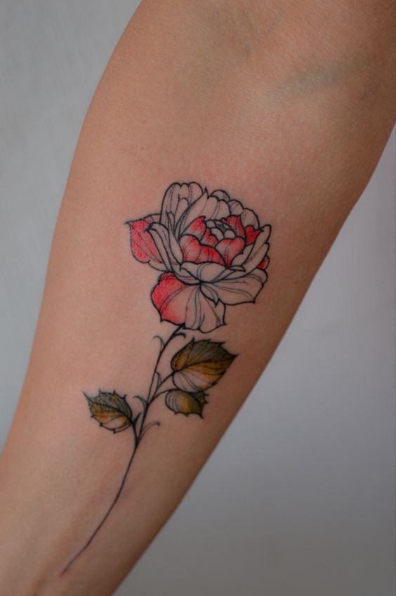 Colorful rose tattoo on the forearm for women