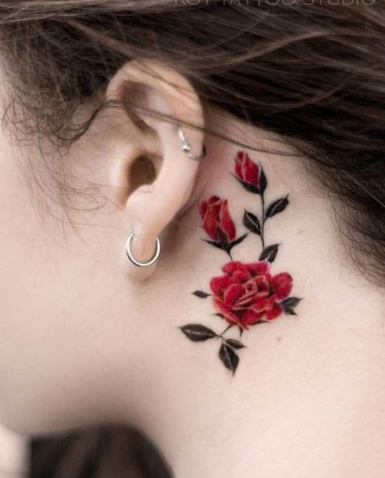 Colorful rose tattoo on the neck for women