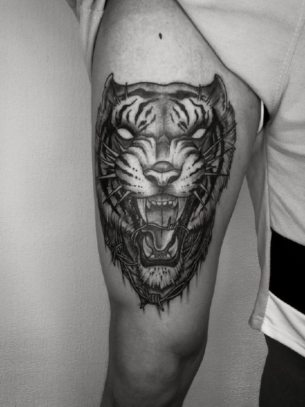 Tattoo of a tiger on the hip for men