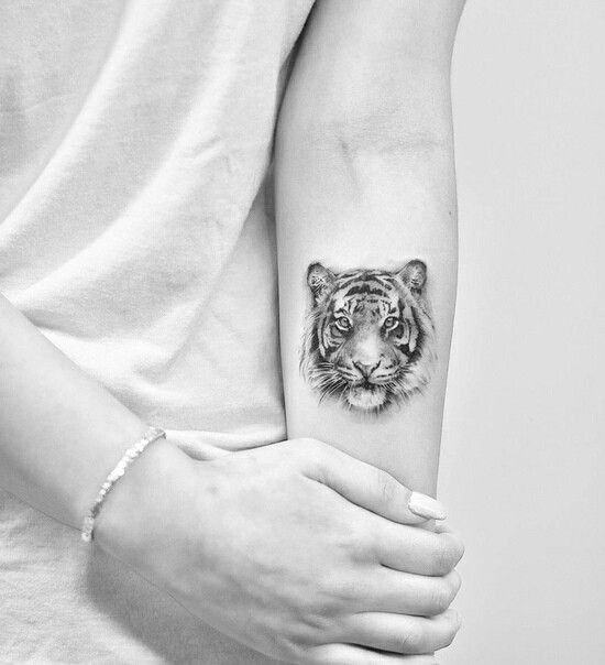 Tattoo of a tiger on the forearm for women