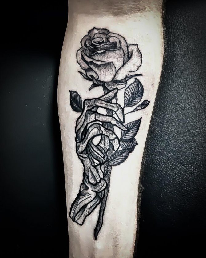 Rose tattoo with arm skeleton for men