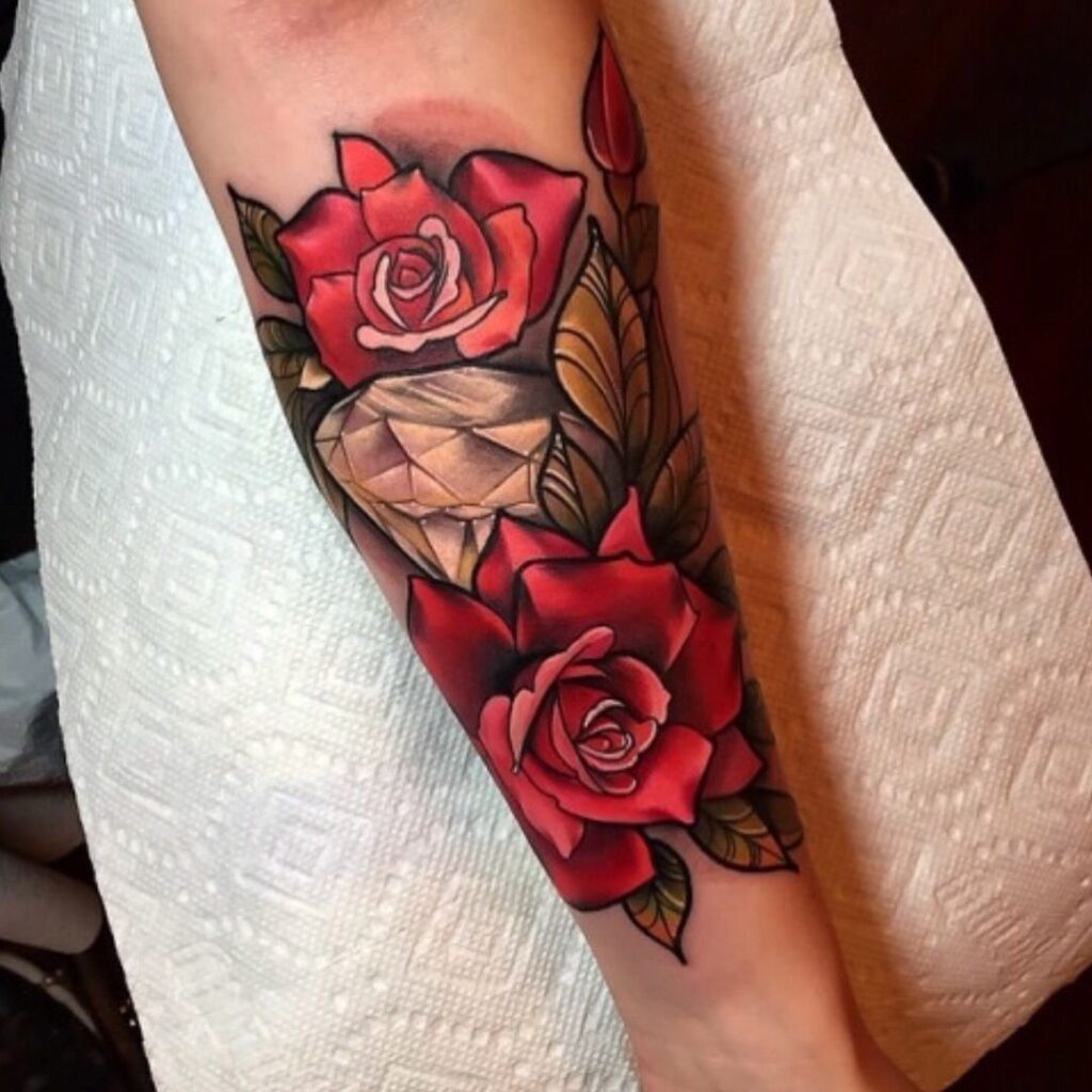 Colored diamond rose tattoo on forearm for men