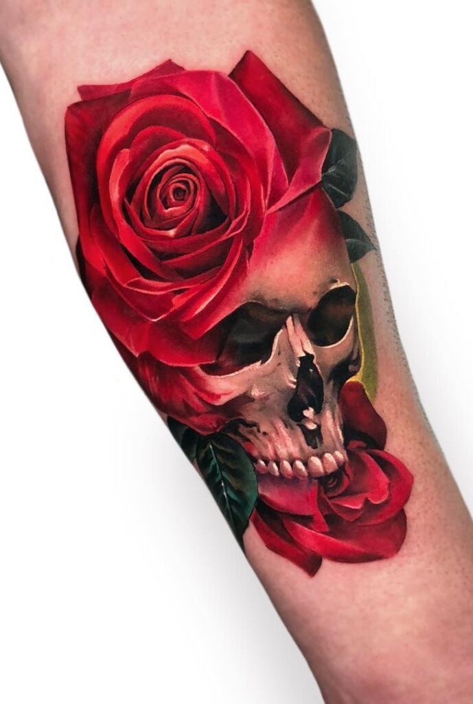 Rose tattoo with skull on forearm for men