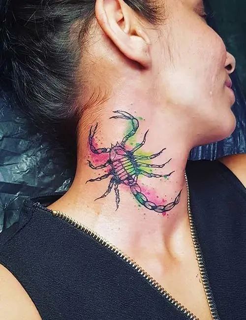 Colorful scorpion neck tattoo for women