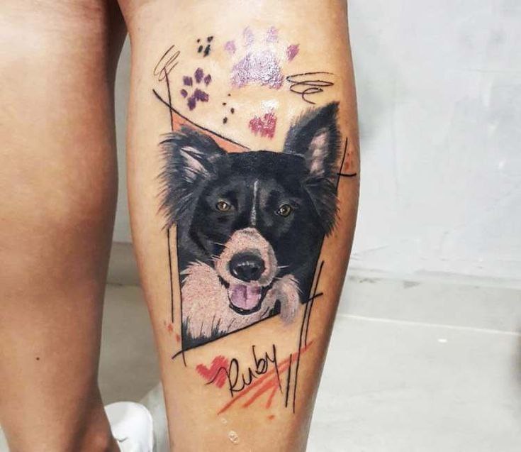 Dog tattoo on the shin for women