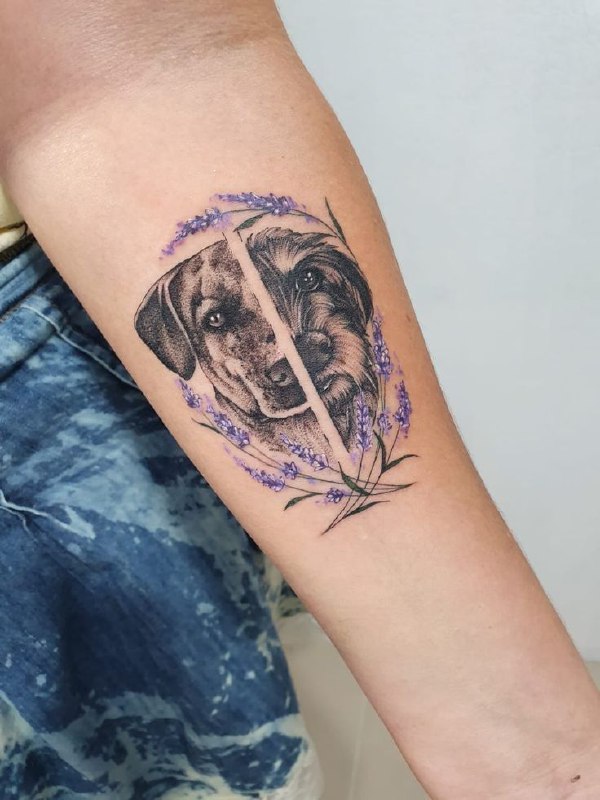 Tattoo of a dog with lavender on the forearm for women