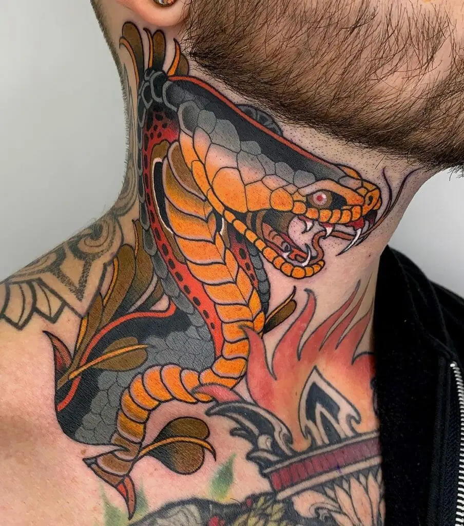 Tattoo of a colored cobra on the neck for men