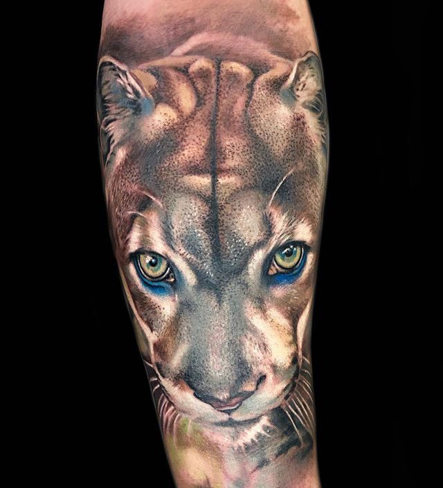 Puma tattoo on the arm for women