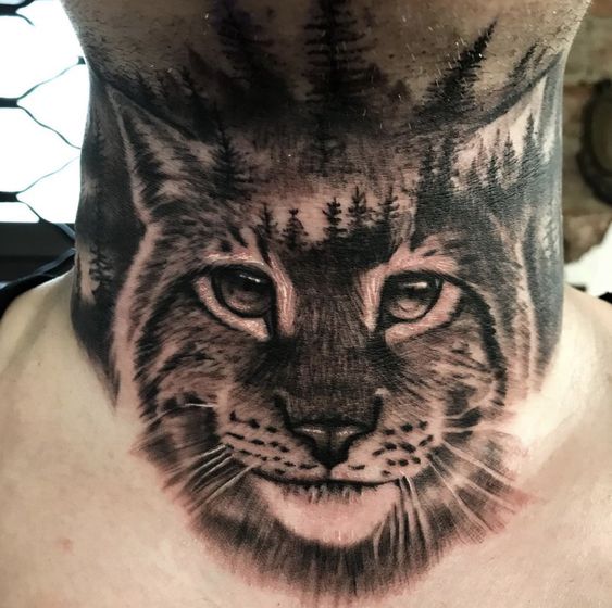 Tattoo of a lynx on the neck for men