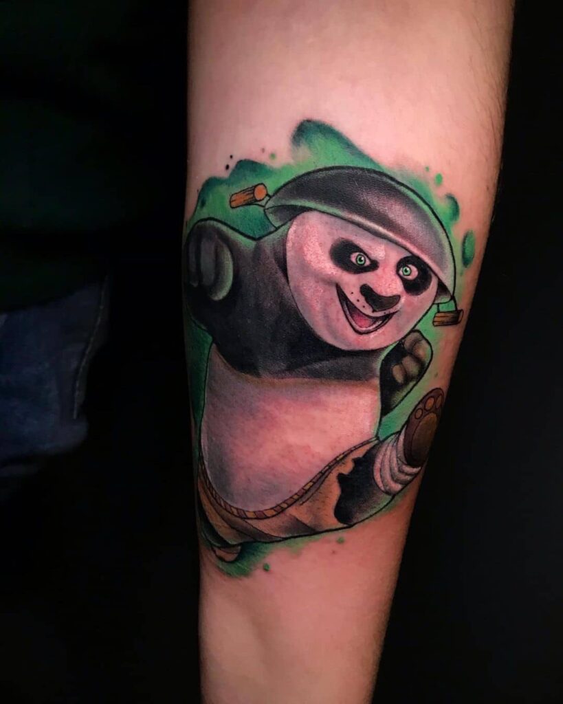 Colored panda tattoo on the forearm for men