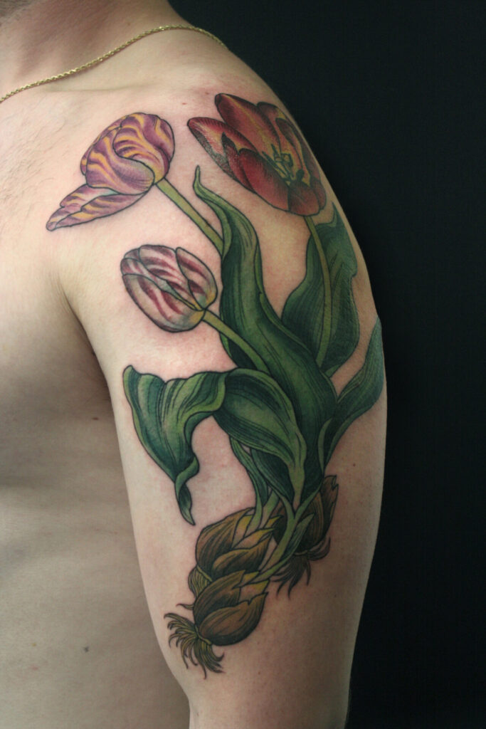 Large tulip tattoo on the shoulder for men