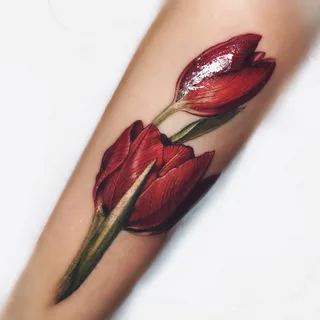 Color tattoo of a tulip on the forearm for women