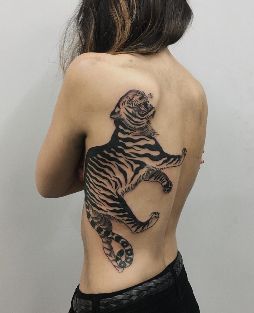 Tiger tattoo on back for women