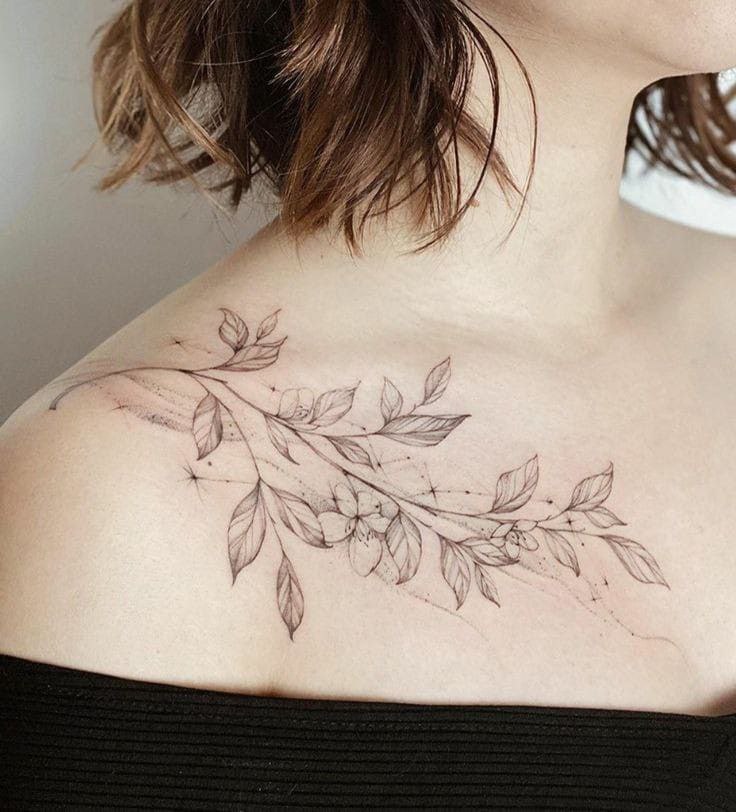 Jasmine tattoo on the collarbone for women