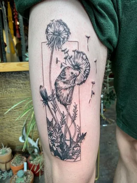 Large dandelion tattoo on the shin for men