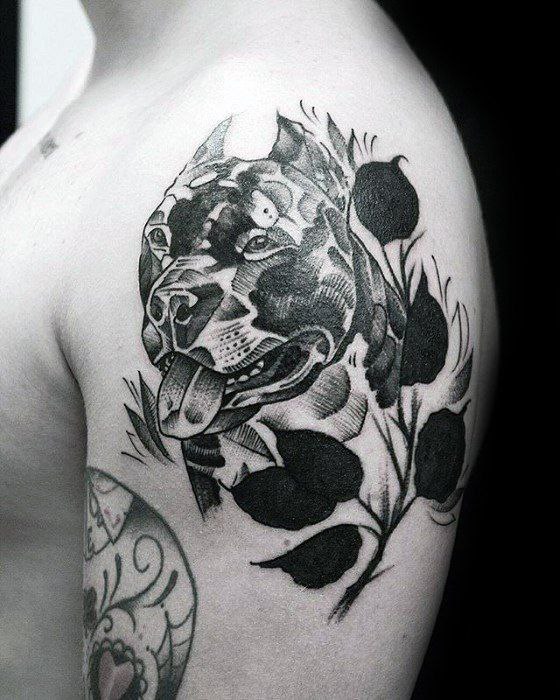 Pit bull tattoo on the shoulder for men