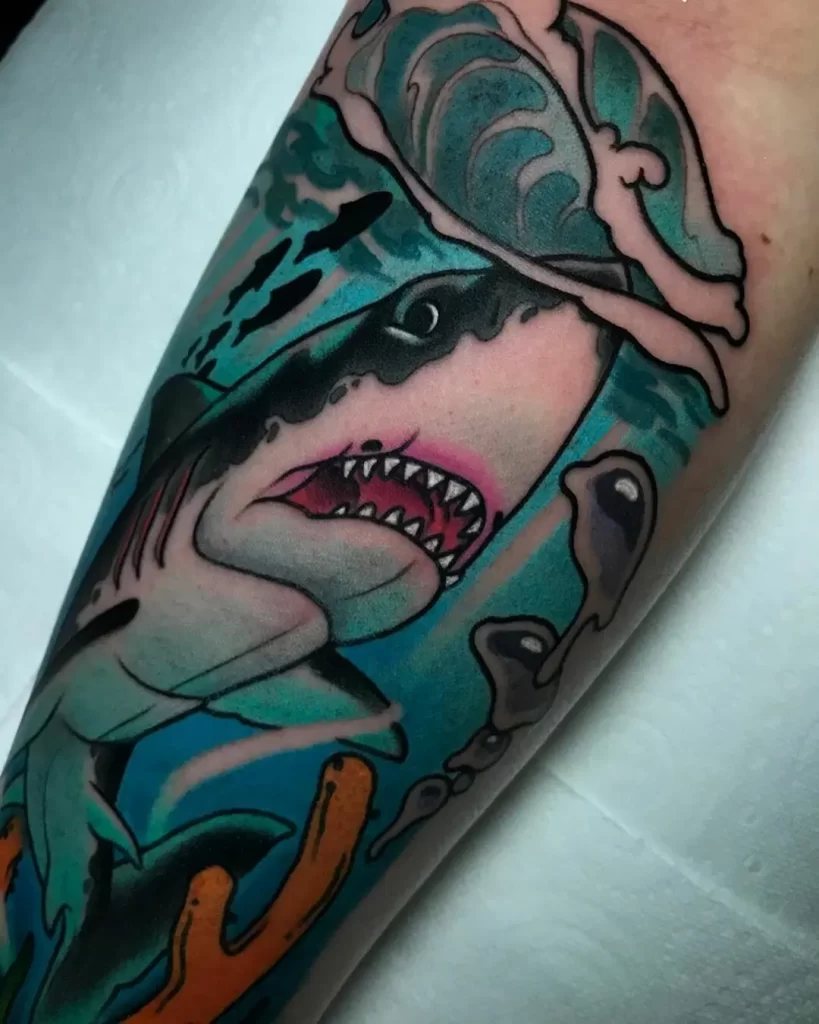 Colored shark tattoo on the forearm for men