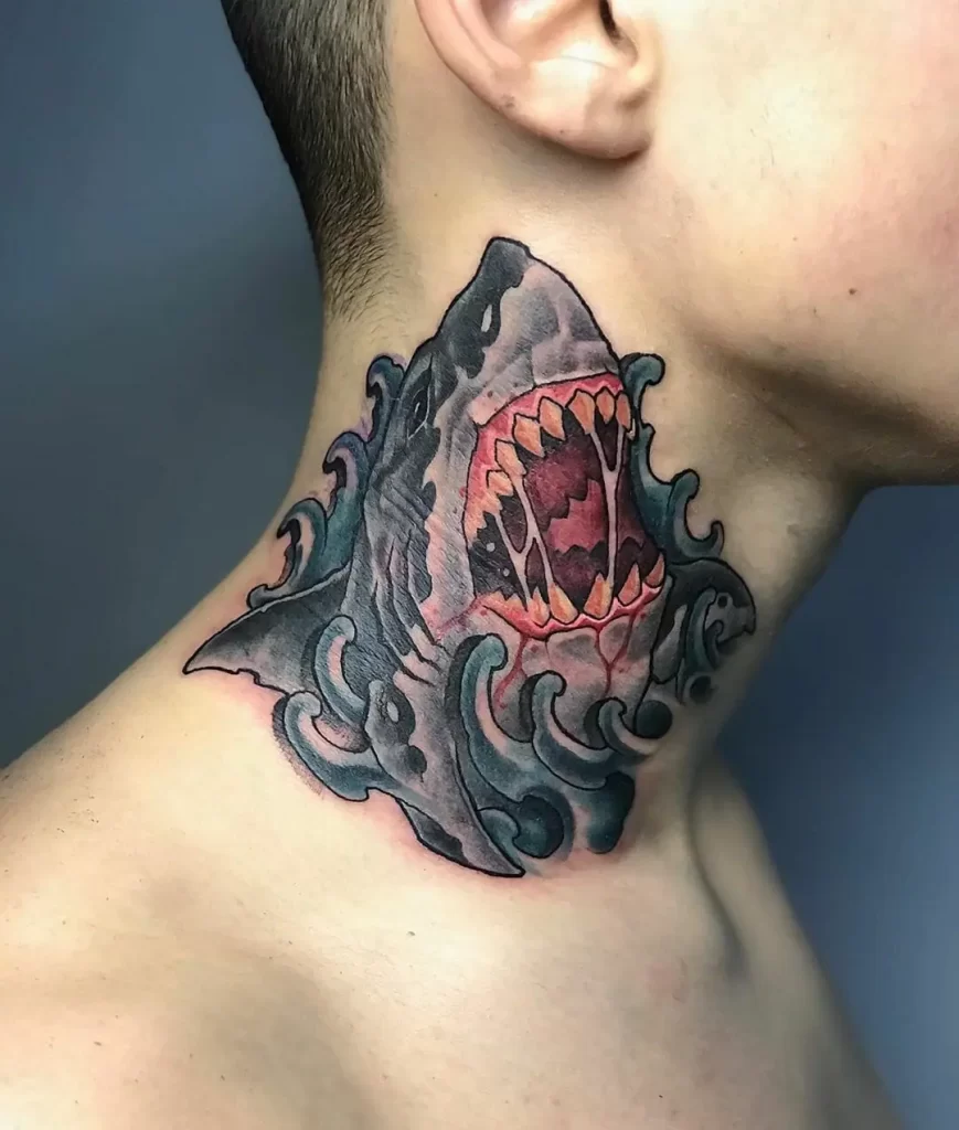 Large shark tattoo on the neck for men