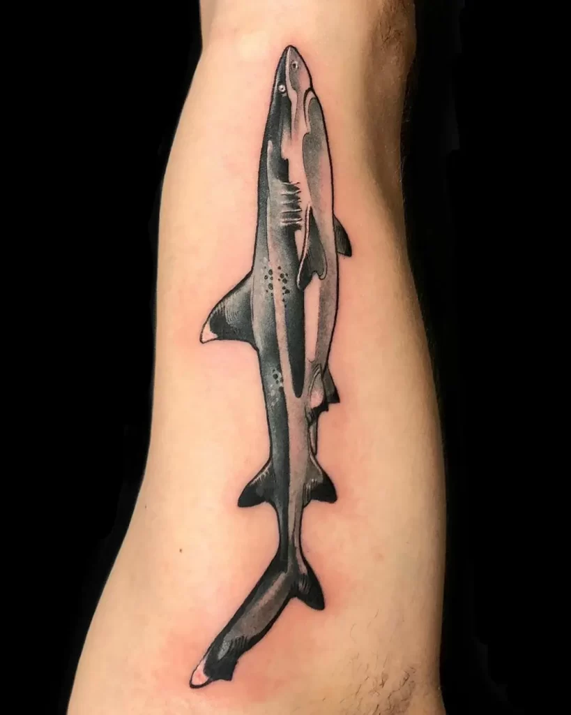 Large shark tattoo on the arm for men