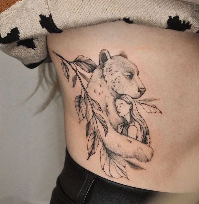 Bear and girl tattoo on the side for women