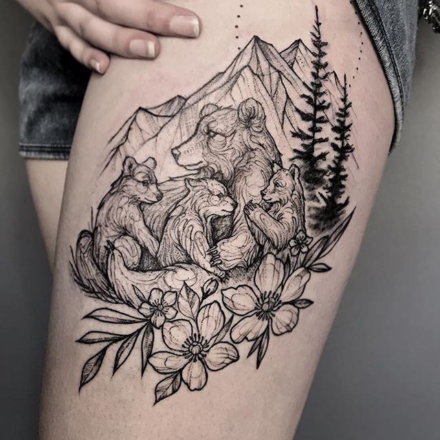 Bear tattoo of four bears on the hip for women