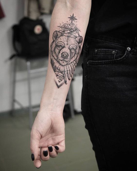 Bear tattoo on the forearm for women