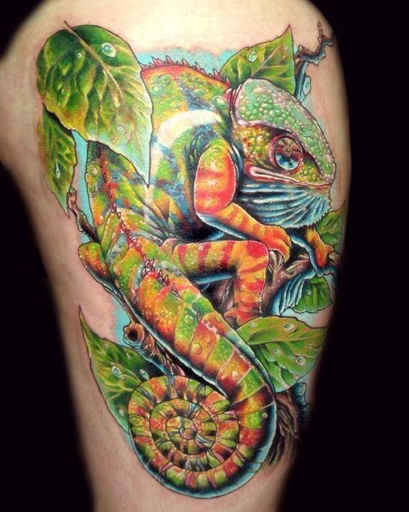 Chameleon tattoo on the thigh for men