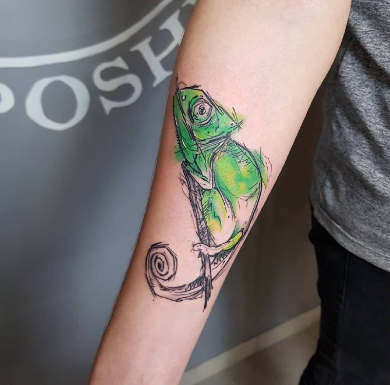 Tattoo of a colored chameleon on the forearm for men