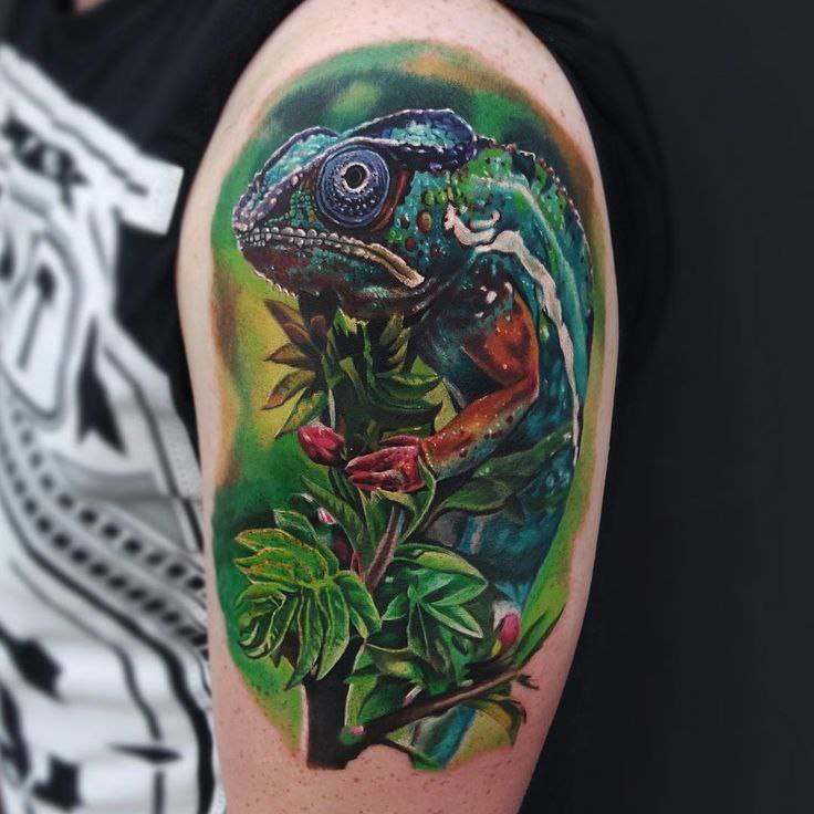 Chameleon tattoo on the shoulder for men